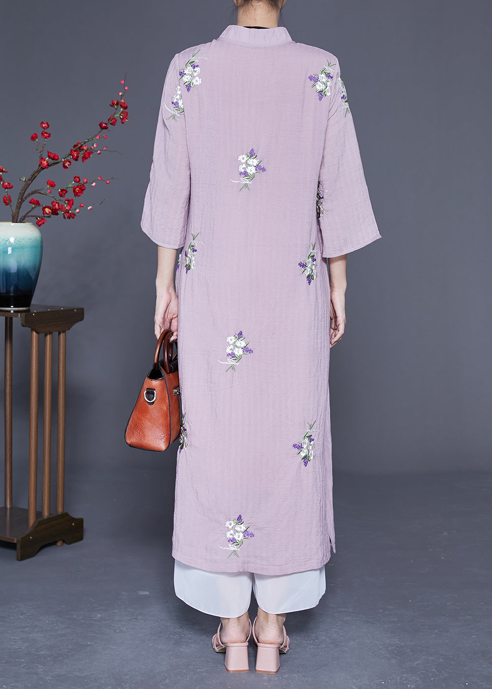 Purple Embroideried Chinese Button Linen Long Dresses Bracelet Sleeve Ly1845
