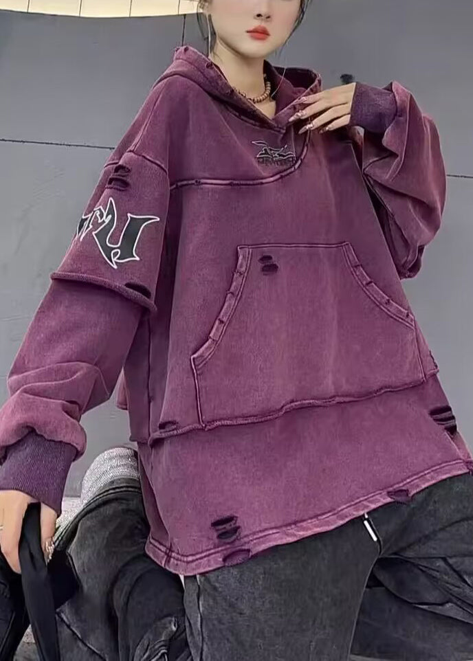 Purple Hooded Hole Pockets Cotton Sweatshirts Fall Wm024
