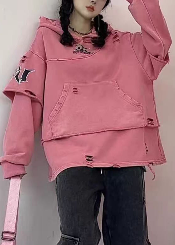 Purple Hooded Hole Pockets Cotton Sweatshirts Fall Wm024