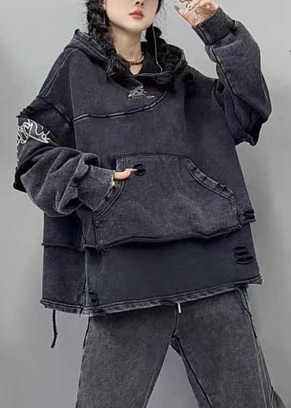 Purple Hooded Hole Pockets Cotton Sweatshirts Fall Wm024