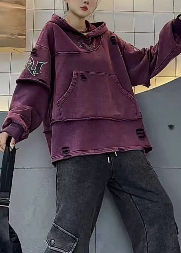 Purple Hooded Hole Pockets Cotton Sweatshirts Fall Wm024