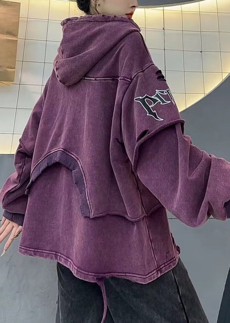 Purple Hooded Hole Pockets Cotton Sweatshirts Fall Wm024