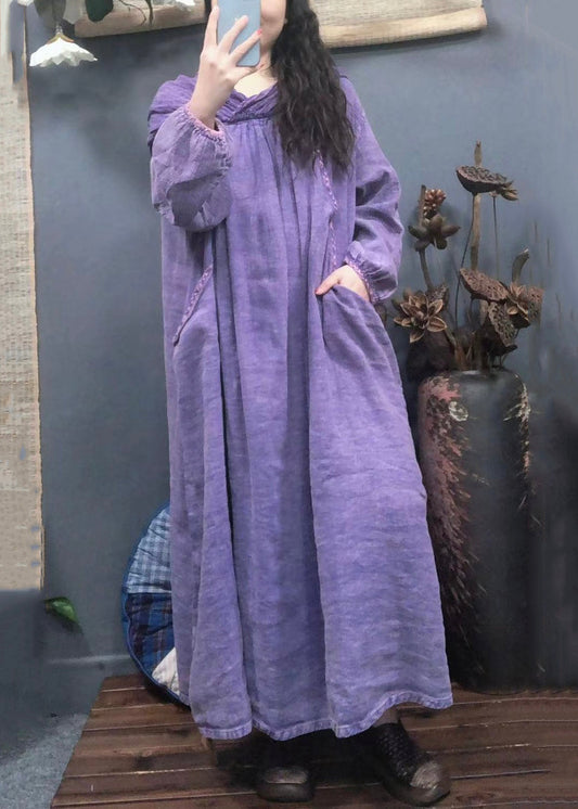 Purple Hooded Pockets Linen Long Dress Spring Aa1045