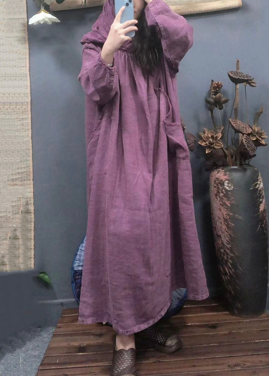 Purple Hooded Pockets Linen Long Dress Spring Aa1045