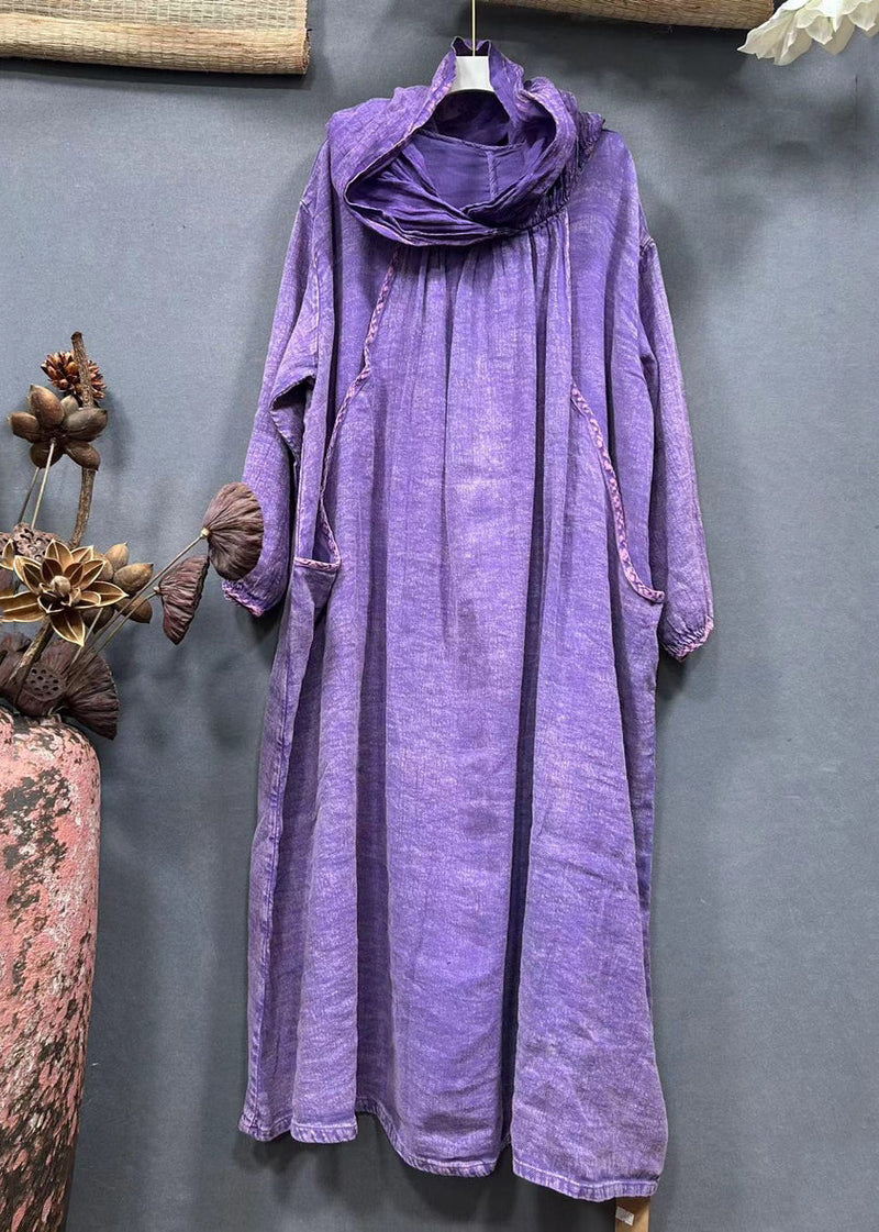 Purple Hooded Pockets Linen Long Dress Spring Aa1045