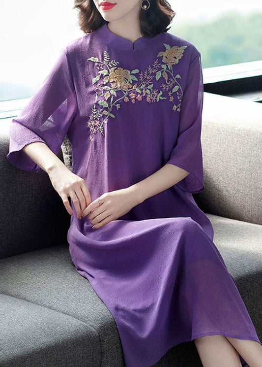 Purple Mandarin Collar Embroideried Silk Long Dress Summer Fr2017