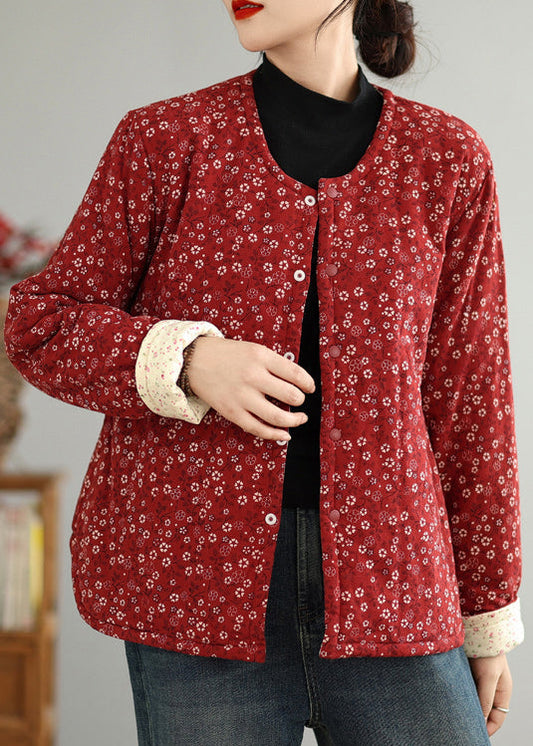 Red O Neck Button Print Thick Coats Winter Qg040