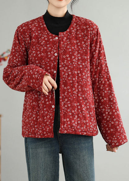 Red O Neck Button Print Thick Coats Winter Qg040