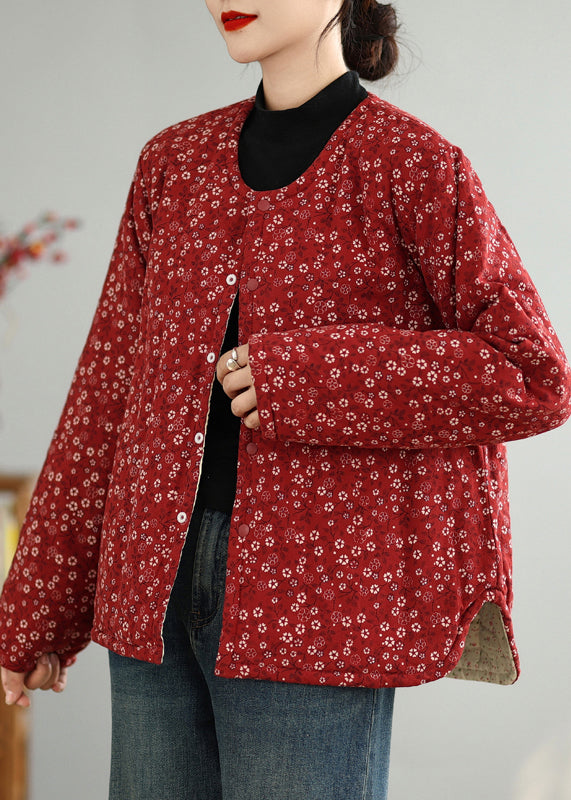 Red O Neck Button Print Thick Coats Winter Qg040