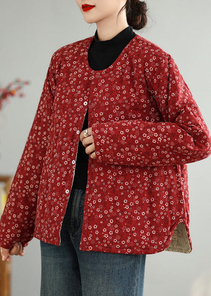 Red O Neck Button Print Thick Coats Winter Qg040