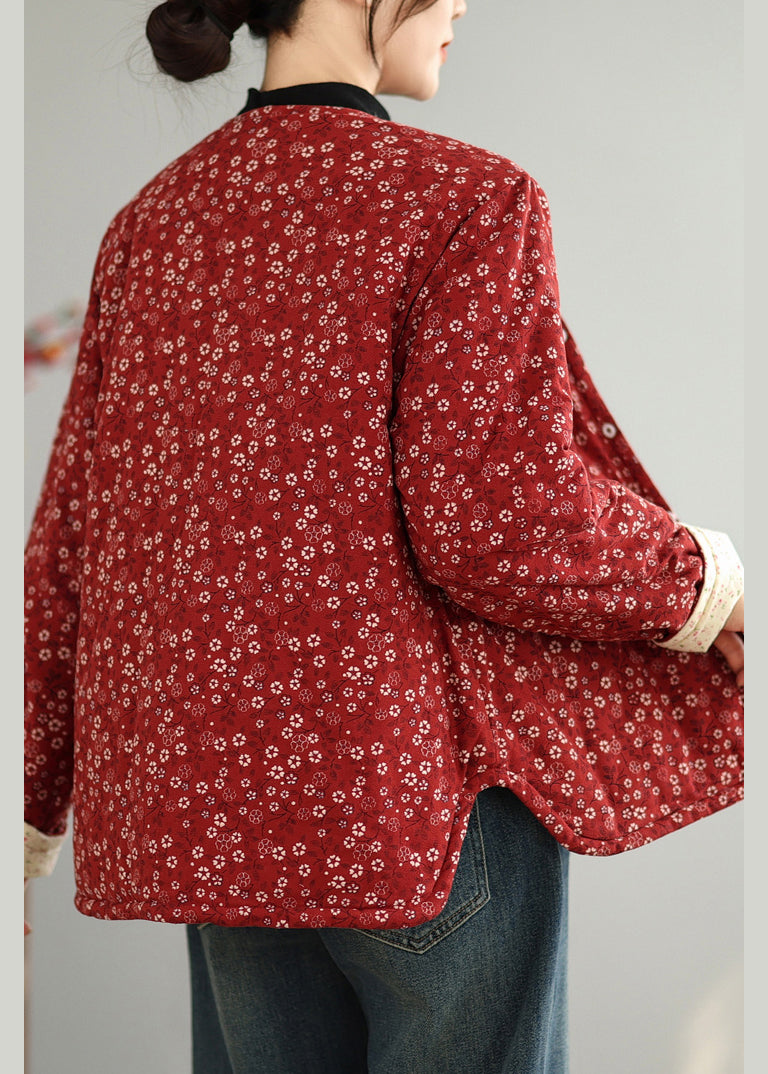 Red O Neck Button Print Thick Coats Winter Qg040
