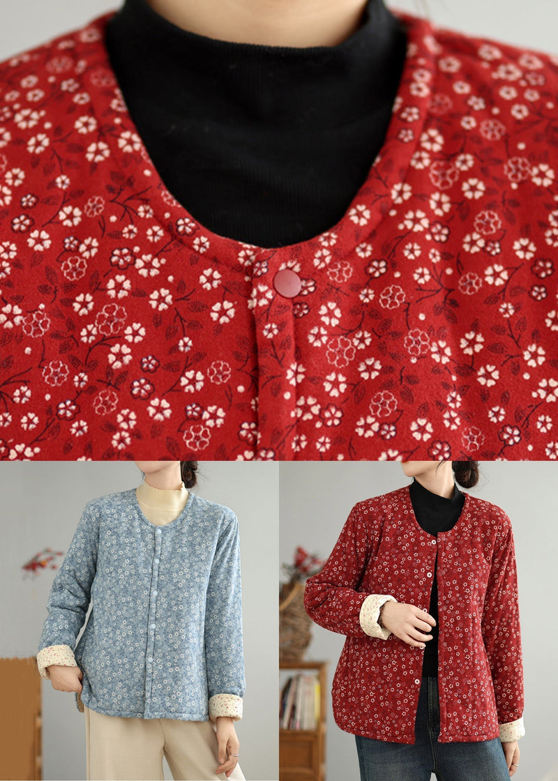 Blue Print Button Cotton Filled Winter Coat O Neck Qg032