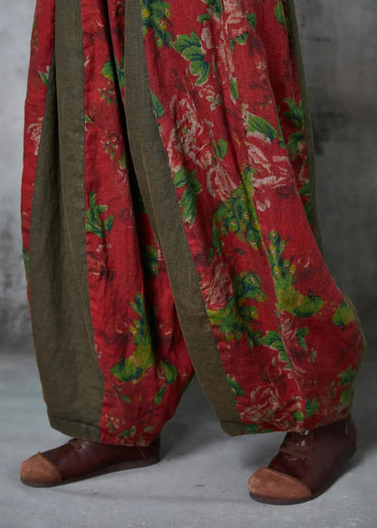 Red Oversized Patchwork Print Linen Harem Pants Spring Jk1060