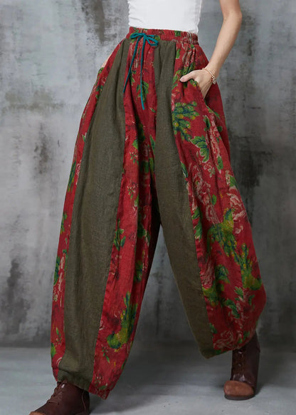 Red Oversized Patchwork Print Linen Harem Pants Spring Jk1060