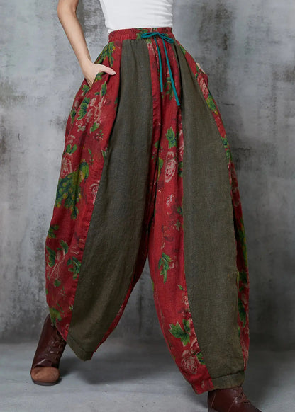 Red Oversized Patchwork Print Linen Harem Pants Spring Jk1060