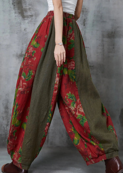 Red Oversized Patchwork Print Linen Harem Pants Spring Jk1060