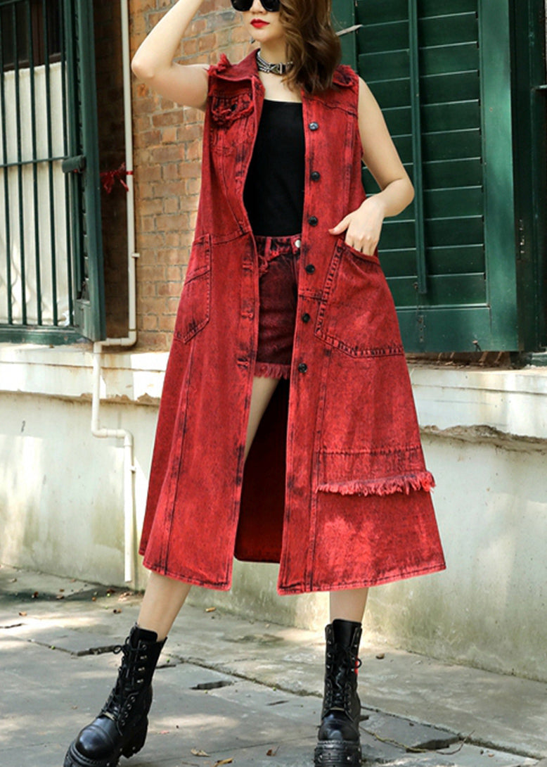 Red Peter Pan Collar Patchwork Long Waistcoat Summer Tr016