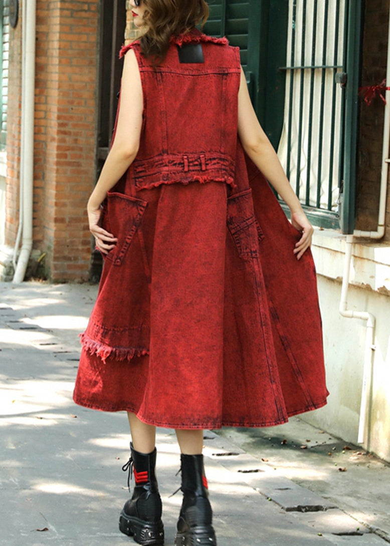 Red Peter Pan Collar Patchwork Long Waistcoat Summer Tr016