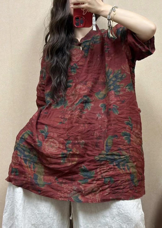 Red Stand Collar Button Print Linen Blouses Half Sleeve Gg013