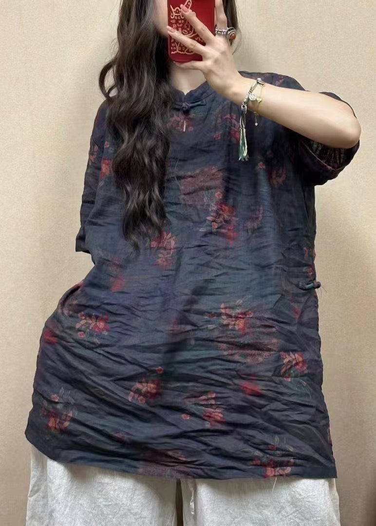 Red Stand Collar Button Print Linen Blouses Half Sleeve Gg013