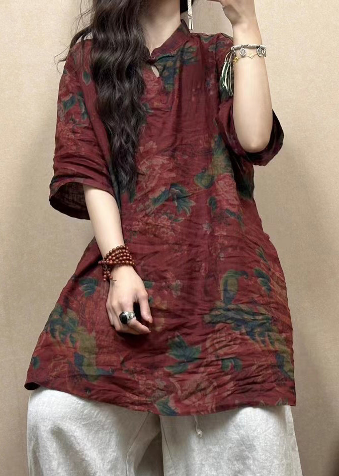 Red Stand Collar Button Print Linen Blouses Half Sleeve Gg013