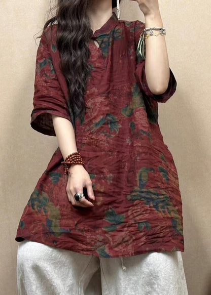 Red Stand Collar Button Print Linen Blouses Half Sleeve Gg013