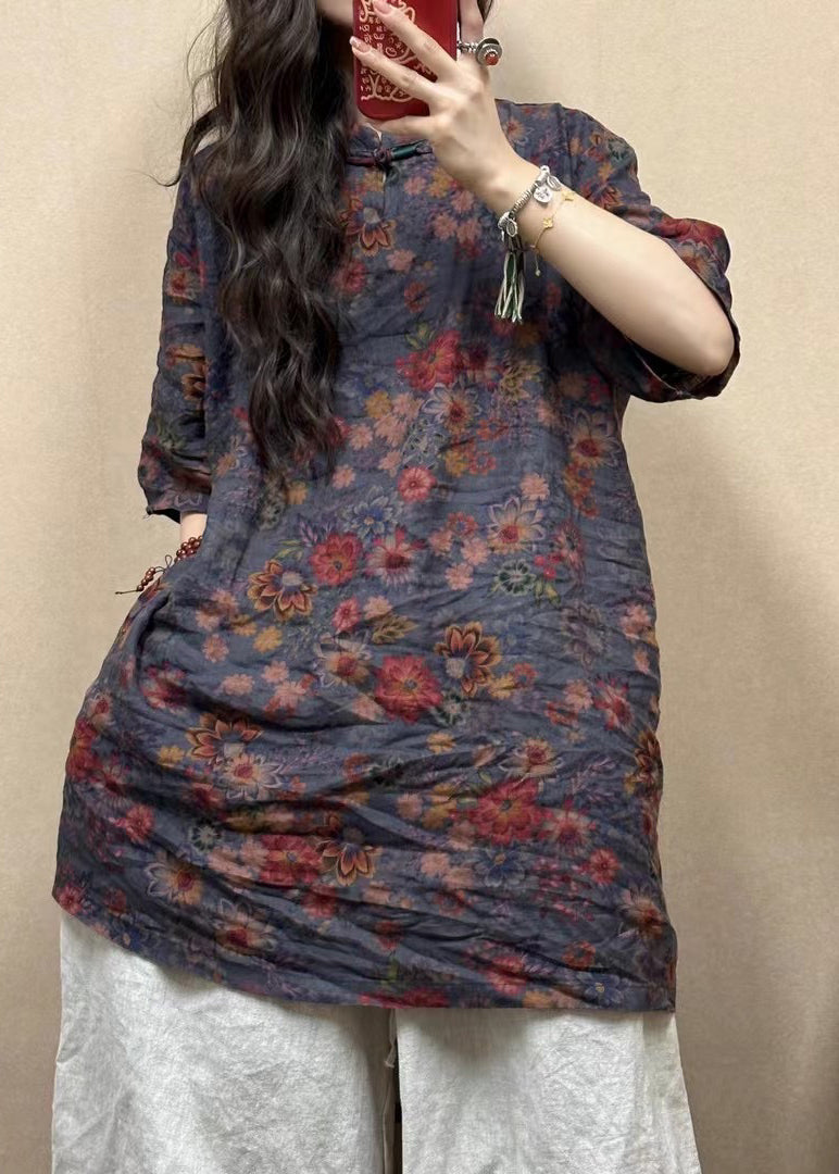 Red Stand Collar Button Print Linen Blouses Half Sleeve Gg013