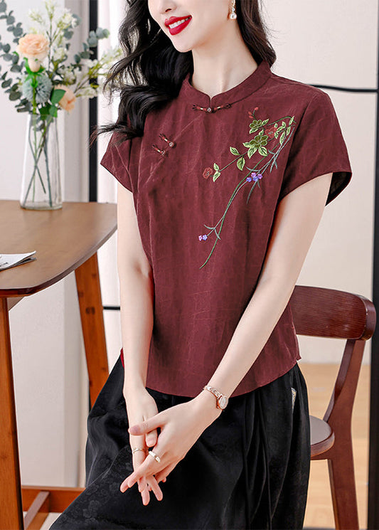 Red Stand Collar Embroidered Silk Blouses Summer Bb026