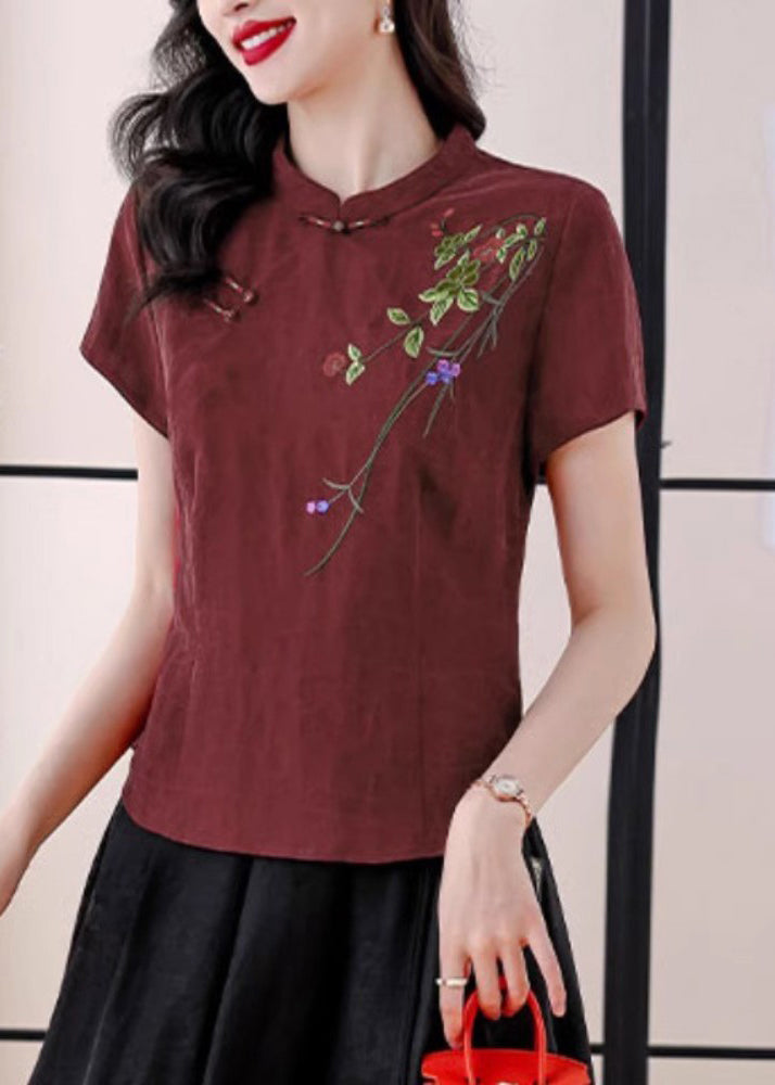 Red Stand Collar Embroidered Silk Blouses Summer Bb026