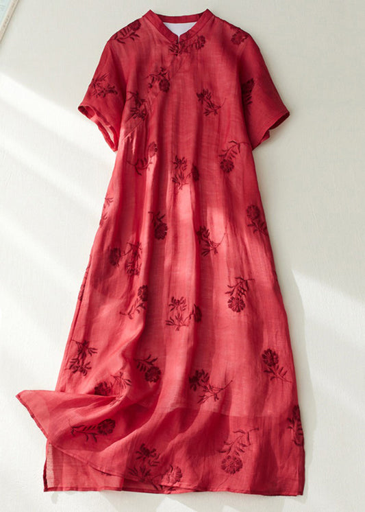 Red Stand Collar Side Open Layered Maxi Dress Short Sleeve Vv089