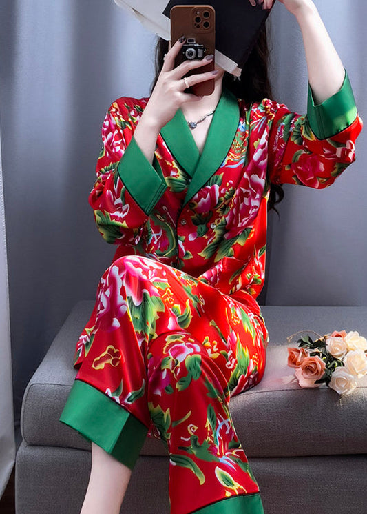 Red V Neck Print Top and Pants Silk Two Pieces Set Long Sleeve Xs1001