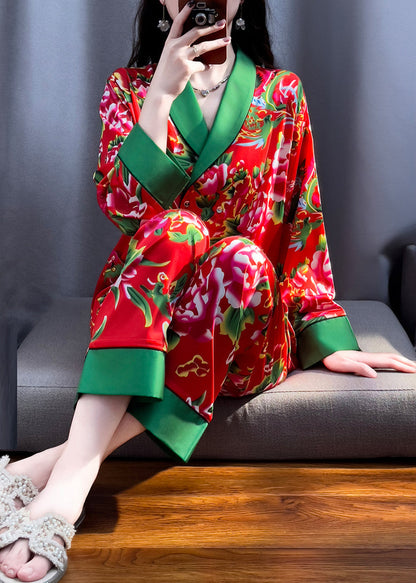 Red V Neck Print Top and Pants Silk Two Pieces Set Long Sleeve Xs1001