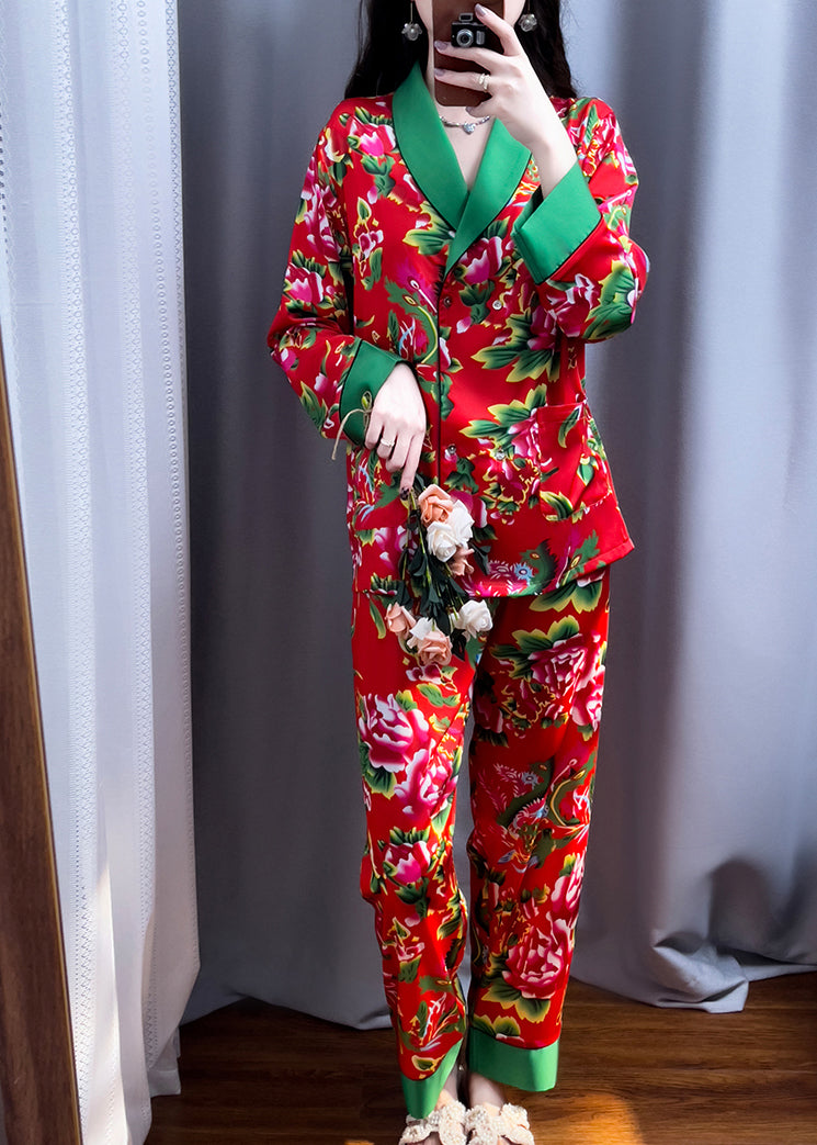 Red V Neck Print Top and Pants Silk Two Pieces Set Long Sleeve Xs1001