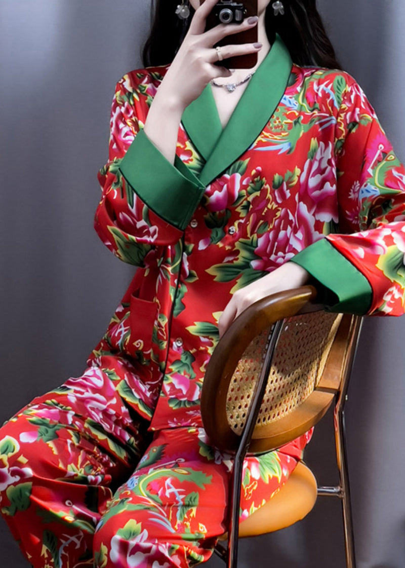 Red V Neck Print Top and Pants Silk Two Pieces Set Long Sleeve Xs1001