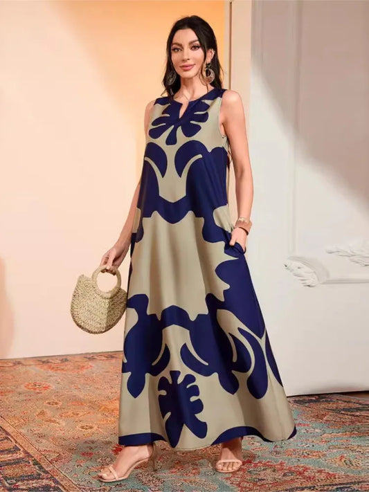 Simple Print Long Dresses Loose V-neck Style Sleeveless Dress Female Summer New Vestidos