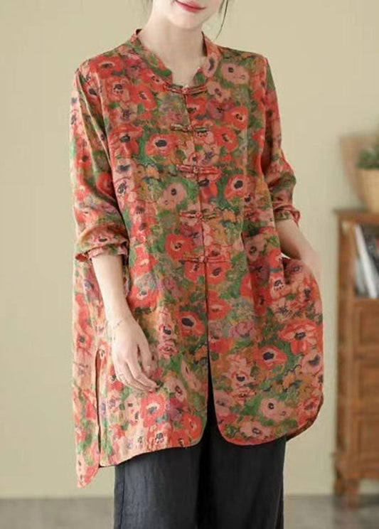 Stand Collar Chinese Button Print Linen Shirts Coat Long Sleeve Ap087