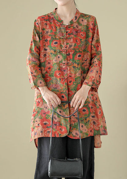 Stand Collar Chinese Button Print Linen Shirts Coat Long Sleeve Ap087