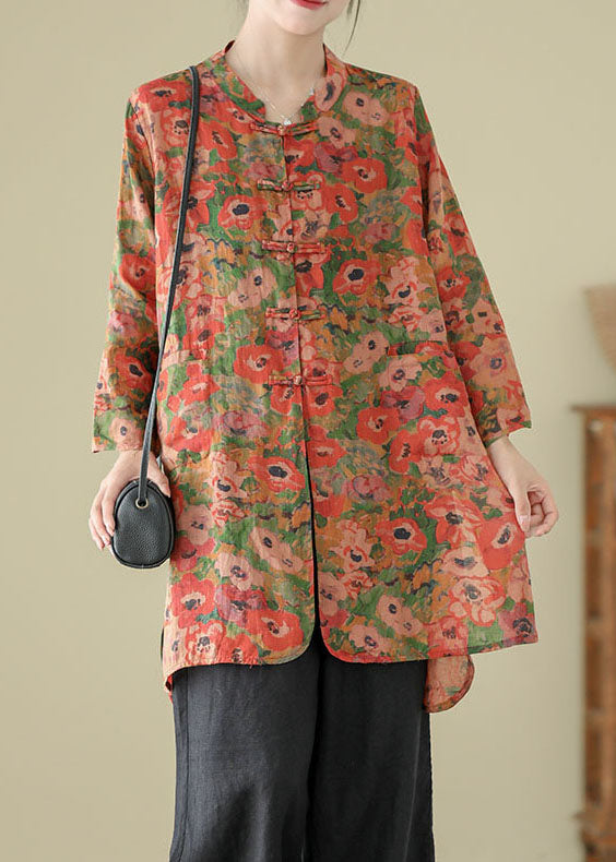 Stand Collar Chinese Button Print Linen Shirts Coat Long Sleeve Ap087