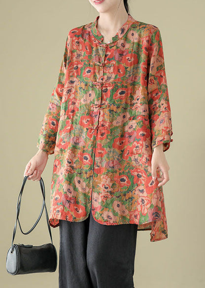 Stand Collar Chinese Button Print Linen Shirts Coat Long Sleeve Ap087