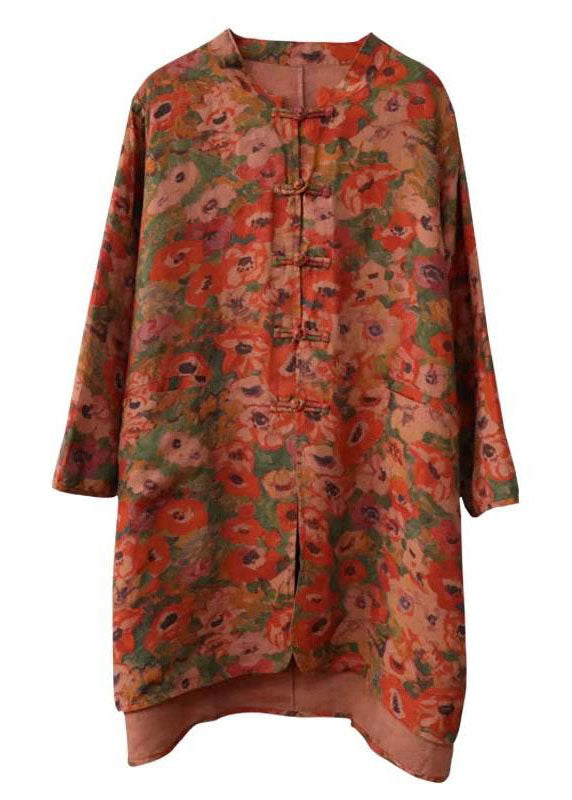Stand Collar Chinese Button Print Linen Shirts Coat Long Sleeve Ap087