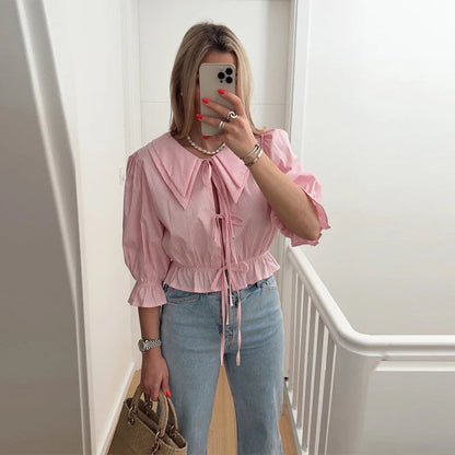 Lace-up Tie-up Puff Sleeve Midi Blouse