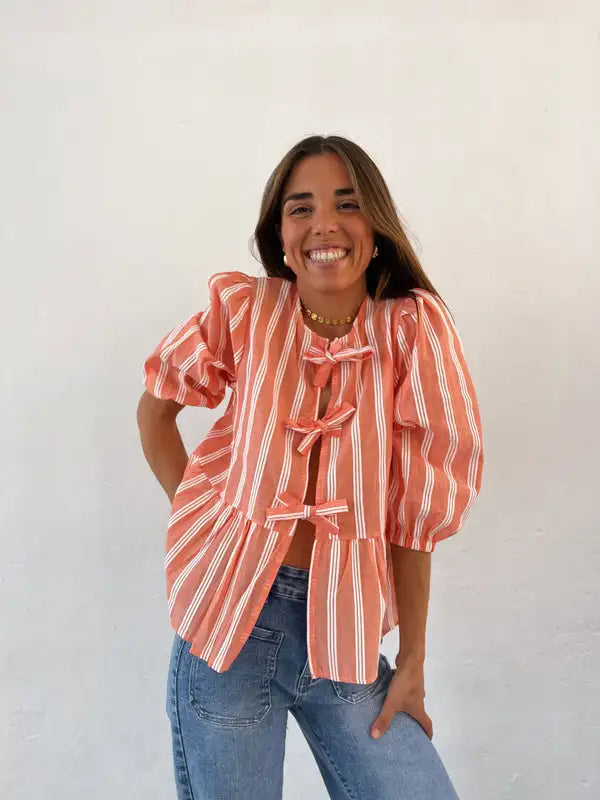 Lace-up Tie-up Puff Sleeve Midi Blouse