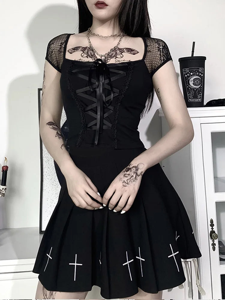 Tops Goth T-shirt Bodycon Bandage Lace Black T-shirts Gothic Female Top Mesh Tee