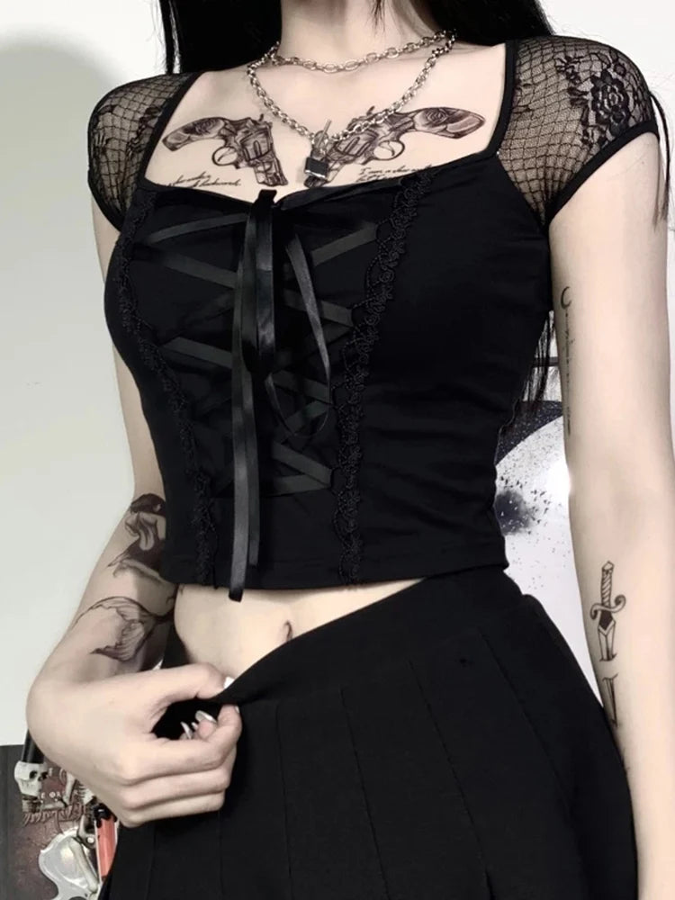 Tops Goth T-shirt Bodycon Bandage Lace Black T-shirts Gothic Female Top Mesh Tee