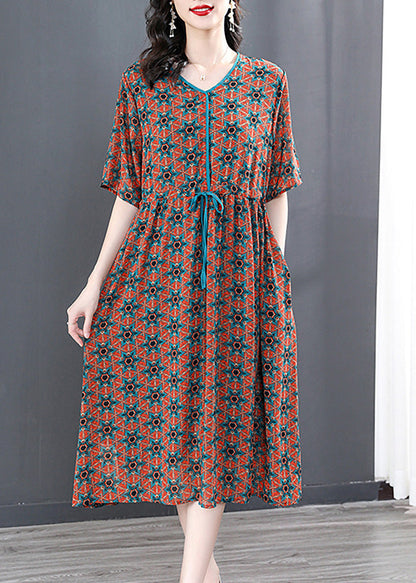 V Neck Print Wrinkled Tie Waist Long Dresses Summer Ly1737
