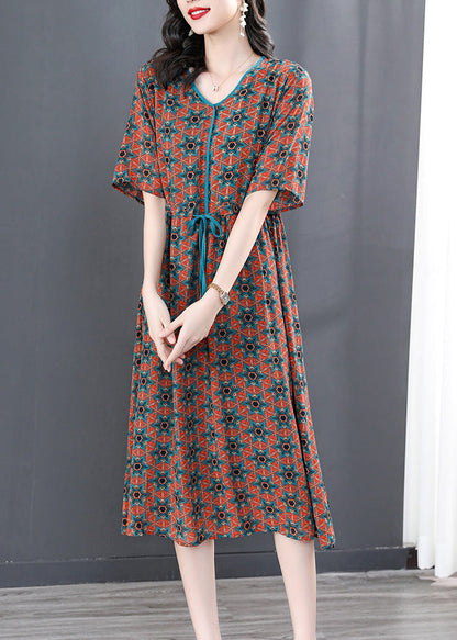 V Neck Print Wrinkled Tie Waist Long Dresses Summer Ly1737