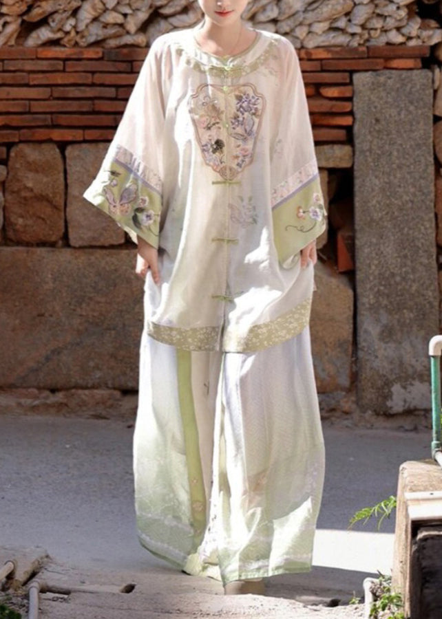 White Embroidered Patchwork Shirts Wide Leg Pants and Two Pieces Set Spring Uu1052