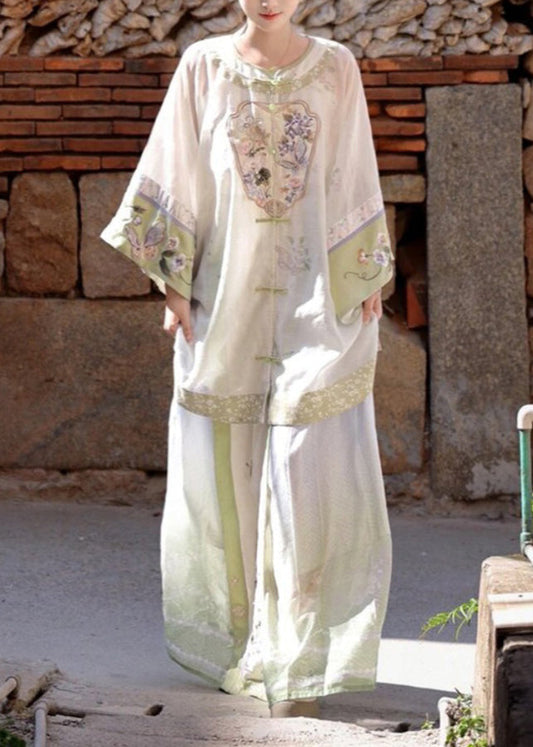 White Embroidered Patchwork Shirts Wide Leg Pants and Two Pieces Set Spring Uu1052