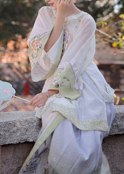 White Embroidered Patchwork Shirts Wide Leg Pants and Two Pieces Set Spring Uu1052