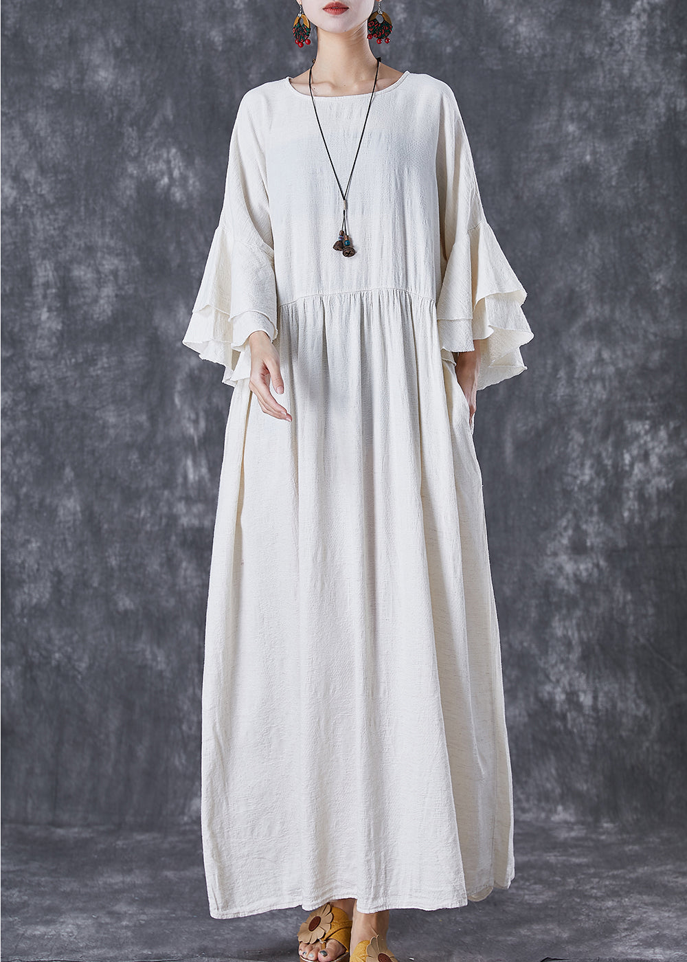 White Oversized Exra Large Hem Linen Maxi Dresses Flare Sleeve Td1057